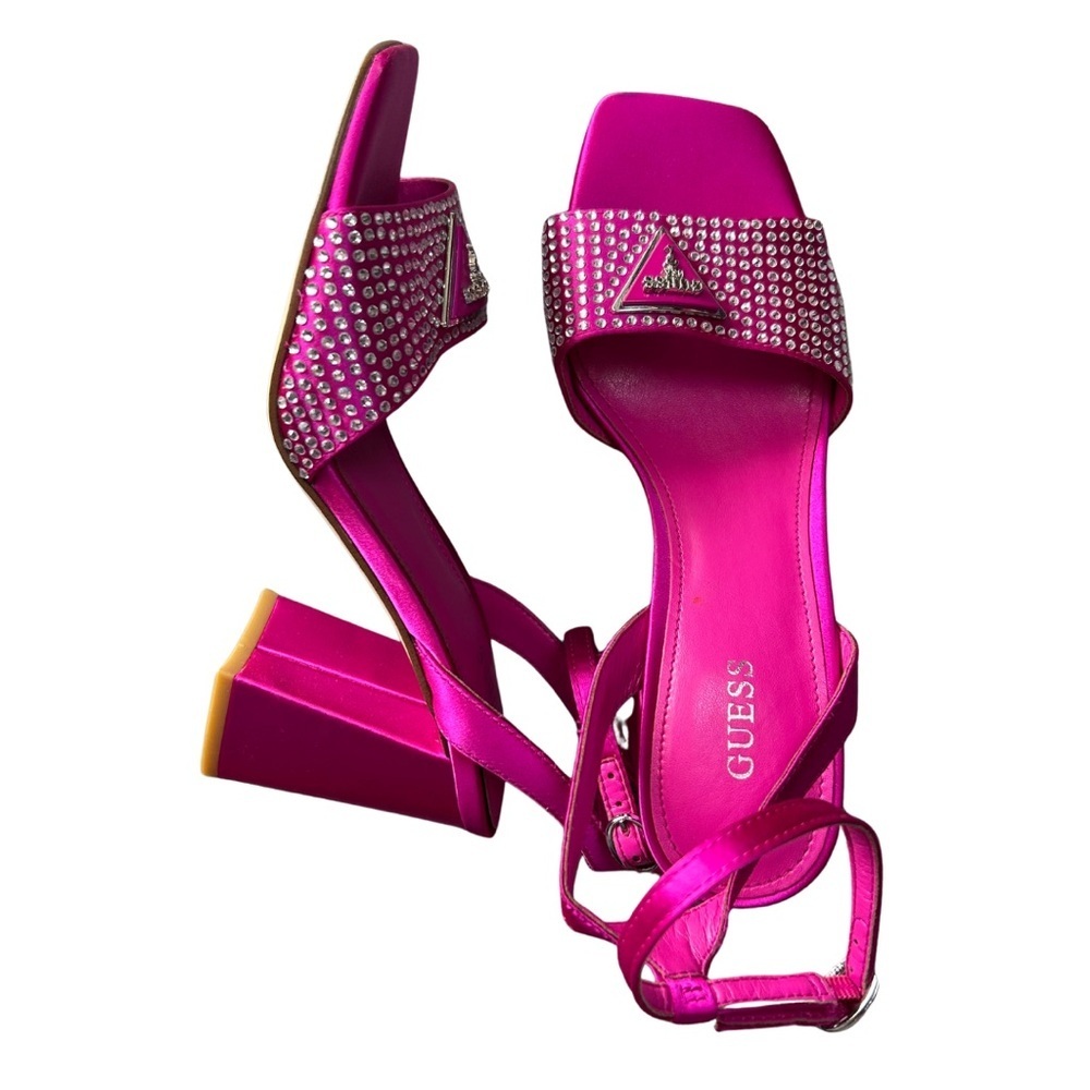 Guess Gelya Embellished Ankle Strap Sandals | Bright Pink | NWT - Picture 6 of 9